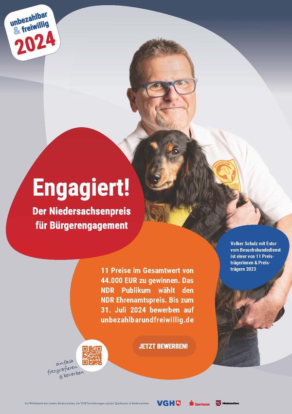 unbezahlbar & freiwillig 2024: Das Plakat zeigt Volker Schulz mit Estor vom Besuchshundedienst, einer von 11 Preistr�gerinnen & Preistr�gern 2024.