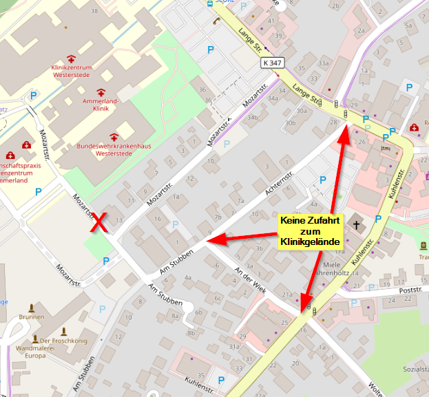 Karte: Sperrung Mozartstra&szlig;e - ge&auml;nderte Zufahrt auf das Klinikgel&auml;nde