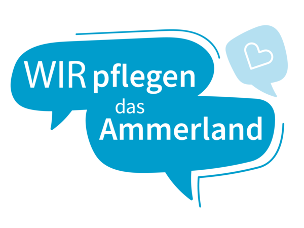 Key Visual WIR pflegen das Ammerland. Das Keyvisual zeigt drei Sprechblasen. In den zwei großen blauen Sprechblasen steht der Slogan "WIR pflegen das Ammerland". Rechts von den zwei großen Sprechblasen ist eine kleine hellblaue Sprechblase. In dieser Sprechblase ist ein Herz.