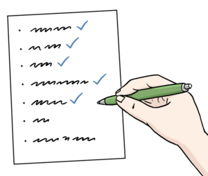 Bild vergr&ouml;&szlig;ern: Eine Hand hält einen Stift über eine Checkliste auf einem Blatt Papier, auf der mehrere Punkte bereits mit Häkchen markiert sind.