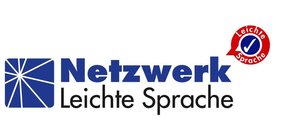 Bild vergr&ouml;&szlig;ern: Logo des Netzwerks Leichte Sprache mit blauem Schriftzug und dem roten Prüfsiegel „Leichte Sprache“.
