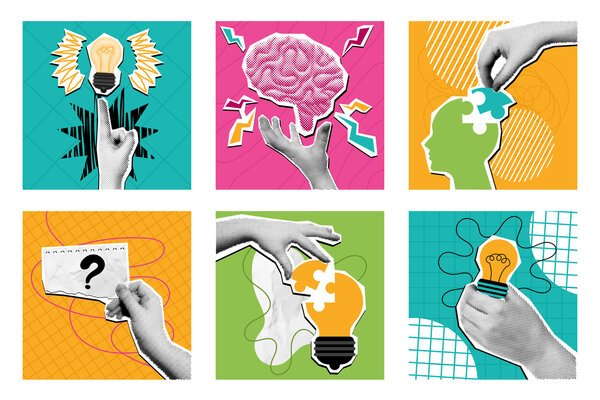 Bunte Illustrationen zu Denken, Lernen und Problemlösen mit Gehirn, Glühbirnen, Puzzleteilen und Händen als Motiv für den Fachvortrag „Das Gehirn in der Pubertät“.