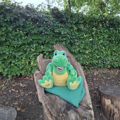 Bild vergr&ouml;&szlig;ern: Maskottchen Kroko im Waldkindergarten auf einem Baumstamm